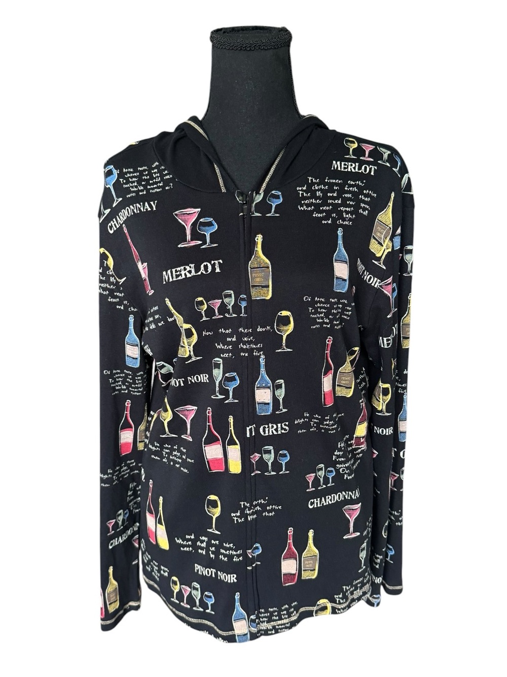 Jess & Jane Wine Collection Zip Hoodie Jacket L Black 100% Cotton Artsy Winery